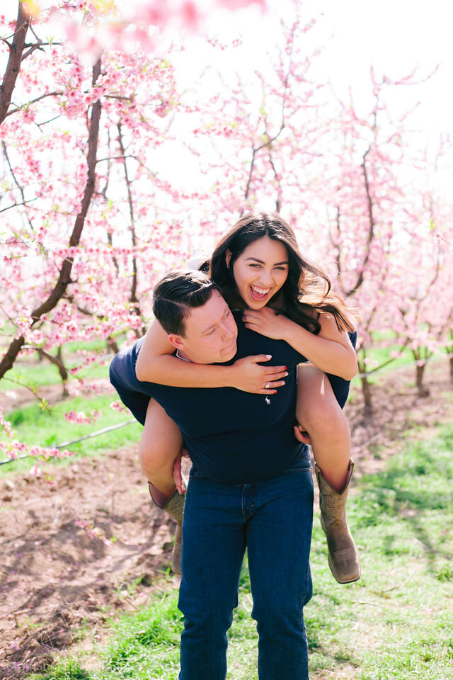 Woman laughing while on piggy back of man in pink orchard.