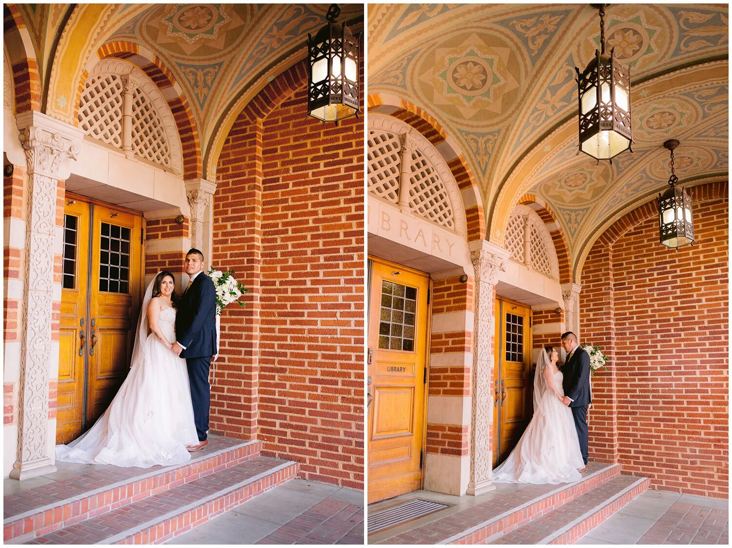 Wedding portraits with bride and groom in front of brick building.