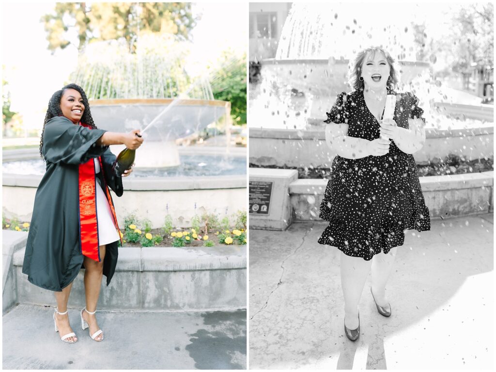 Two graduating seniors in college celebrating by popping champagne and a confetti canon taken by GunnShot Photography