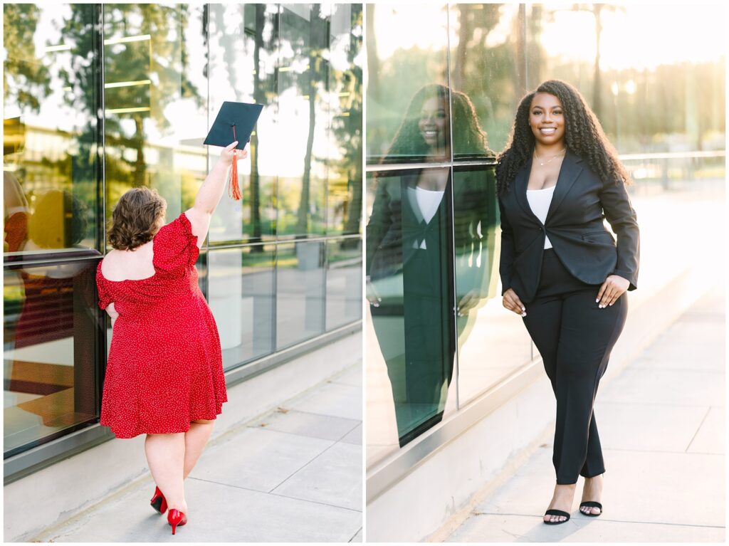 Two senior girls celebrating graduation from Fresno State captured by GunnShot Photography 