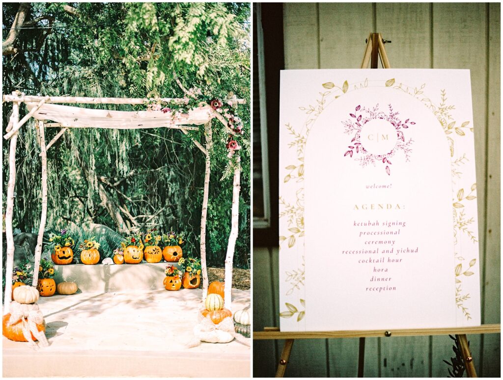Wedding altar with pumpkins surrounding ceremony site. Also pictured, wedding agenda for the evening. 