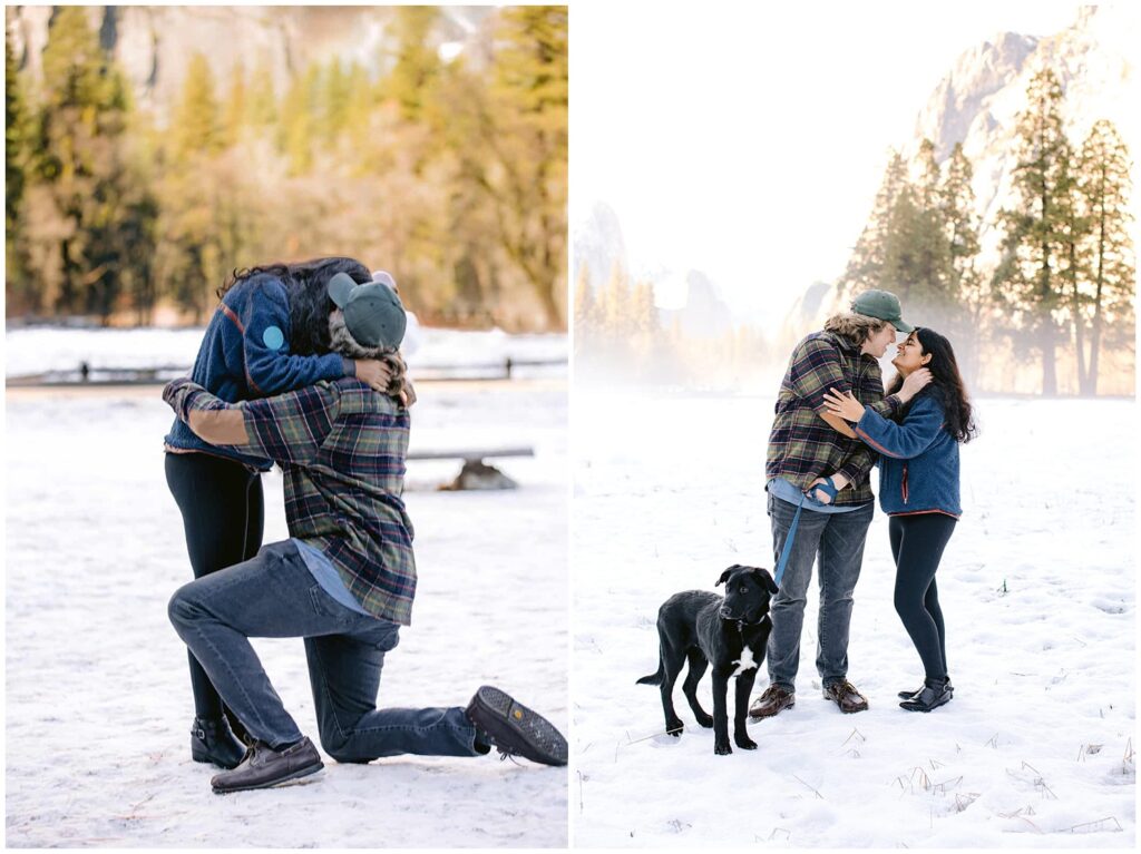 Two images side by side depicting a yosemite proposal in the winter.